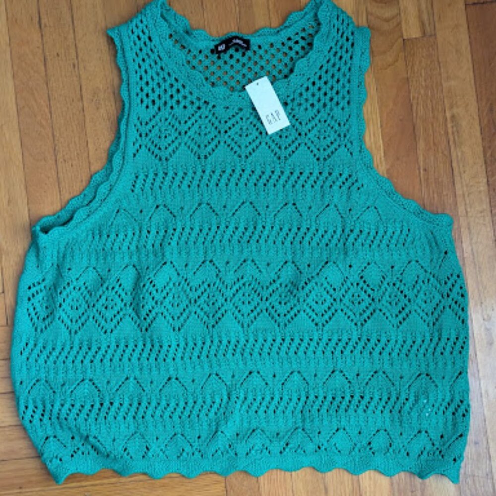 GAP Women Size XL Sweater Vest Green Crochet 100% Cotton NWT